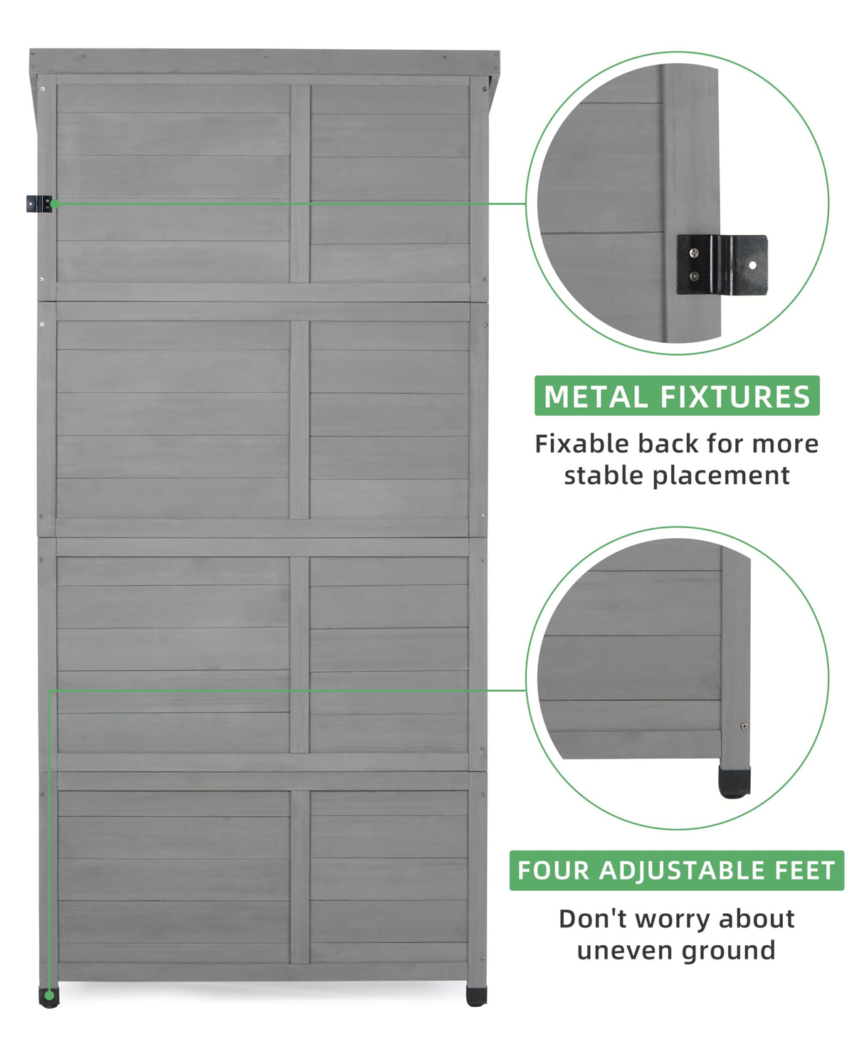 68''x33''x20'' Outdoor Wooden Storage Shed with Metal Top Tall Vertical Tool Cabinet for Backyard Garden Patio Lawn (Grey) Mederlo