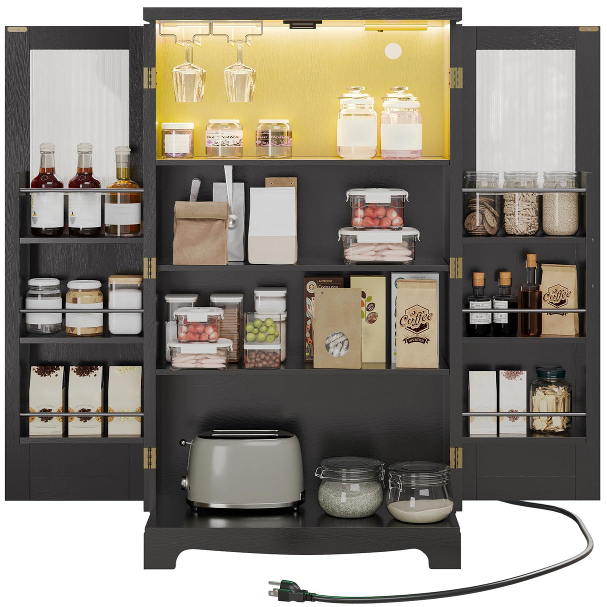 HOOBRO 43" Kitchen Pantry Cabinet, kitchen Storage Cabinet with Power Outlets, Pantry Cabinet with LED Lights and Adjustable Shelf, Pantry Glass Doors Holders, for Kitchen, Dining Room, Black and Gold HOOBRO