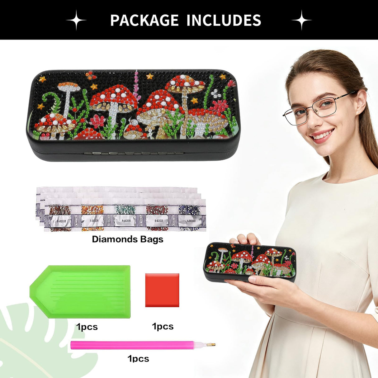 FlyingMage 5D Diamond Art Painting Kit for Adults Beginner, Small DIY Diamond Dots Gem Art Painting Mosaic Kits, Cute Hard Shell Sunglasses Eyeglasses Glasses Case for Women Teen, Mushroom FlyingMage