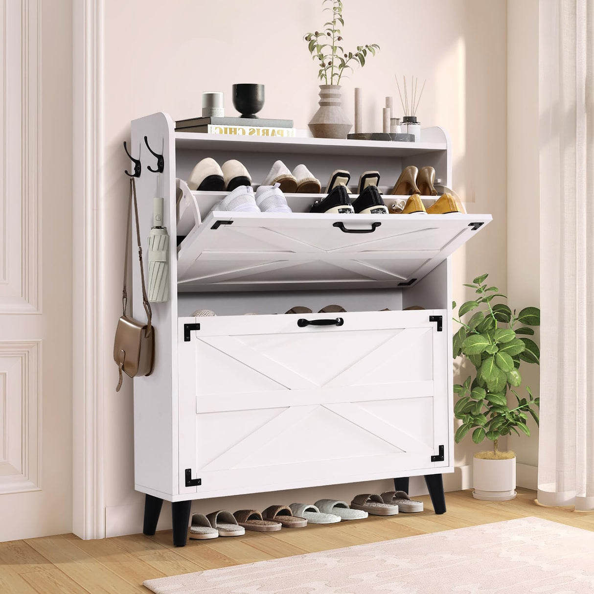 Homdox Shoe Storage Cabinet with 2 Flip Drawers, Farmhouse Narrow Shoe Cabinet with Barn Door Design, Freestanding Hidden Slim Shoe Organizer Cabinet for Entryway, Foyer, Hallway, White Homdox