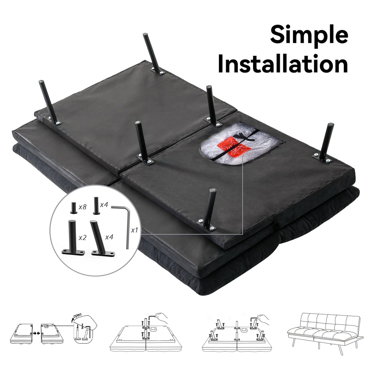 Hcore Polyester Memory Foam Convertible Futon Sofa Bed, Small Splitback Loveseat, 68" L x 32.3" W x 30.7" H, Black Hcore