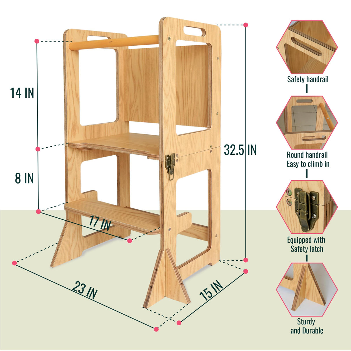 SENSUNIQ Toddler Tower, Kitchen Step Stool Helper for Kids, Wooden Montessori Learn Tower with Chalkboard, Multi-use 4 in 1 Kitchen Standing Tower, Foldable Weaning Table with Safety Rail SENSUNIQ