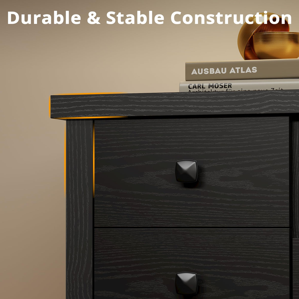 LIKIMIO Dresser with 10 Drawers, Bedroom Wooden Chest of Drawers with LED Lights and Power Outlets, Fabric Side Pocket, TV Stand for Living Room, Black LIKIMIO