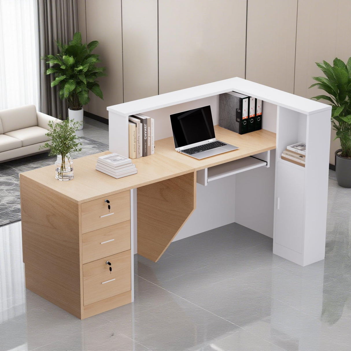 L-Shaped Large Wooden Reception Desk, Modern Front Desk Reception Counter with Lockable Drawers & Storage & Keyboard Tray, for Checkout, Lobby (Left-Natural Wood/White, 71''L x 42''W x 41''H) Yorkgargen