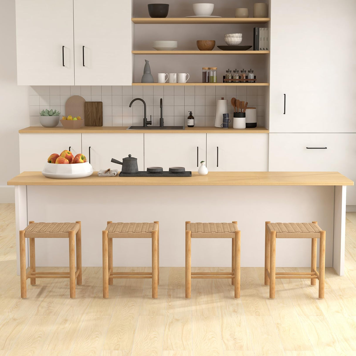 Giantex Wood Stools Set of 2, 18" Tall Boho Backless Stool Chairs with Rubber Wood Legs, Max Load 330 Lbs, Armless Wicker Stools for Kitchen Dining Room Indoor Outdoor Giantex