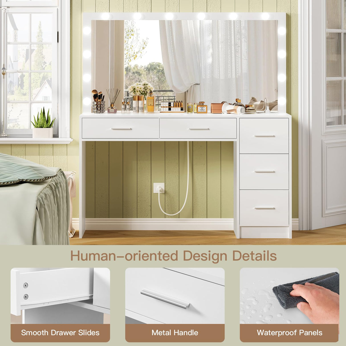 usikey 47.2" Large Vanity Desk with Lighted Mirror, 14 Lights, Makeup Vanity Table with 5 Large Drawers & Charging Station, Makeup Vanity Desk, Vanity Table Set for Bedroom, White usikey