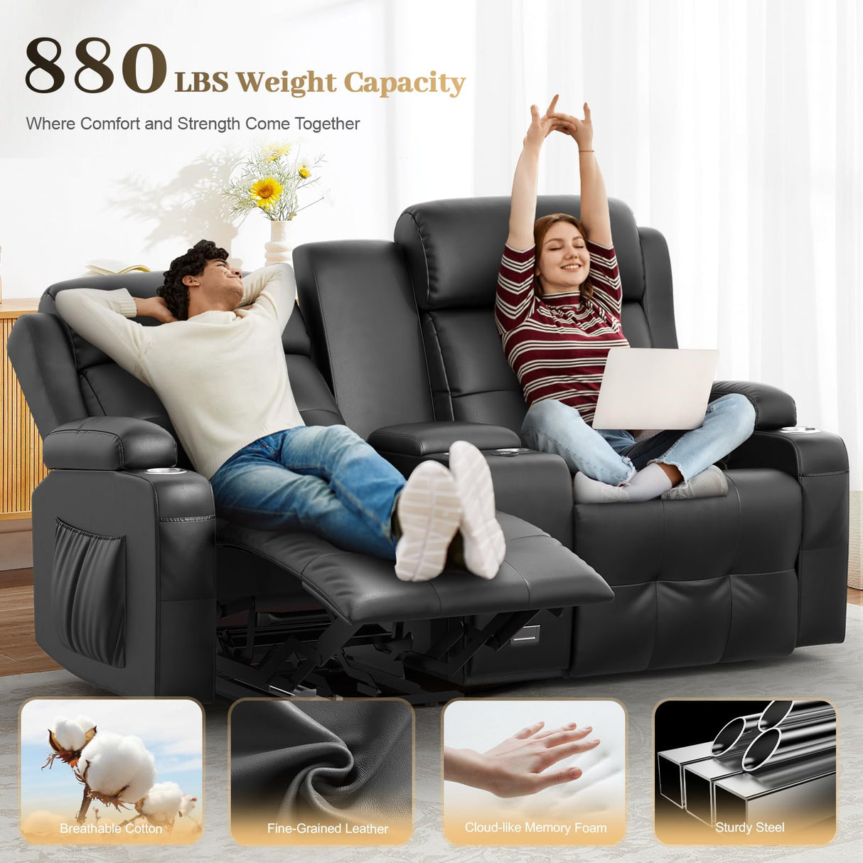 Reclining Loveseat, Massage Loveseat Recliner Sofa Heavy Weight Capacity, RV Love Seat Chair Clearance with Console, USB, Type C Port, Storage, Cup Holders, Wall Hugger Couch (Black, Loveseat) Aotolo