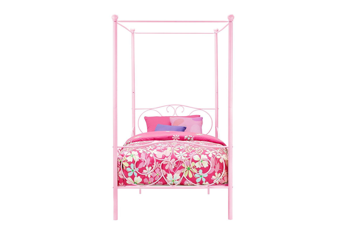 Twin Canopy Bed Frame for Girls, Pink Metal Princess Bed with Heart Design, No Box Spring Needed, Weight Capacity 225 lbs, Underbed Storage Space WoodArtSupply