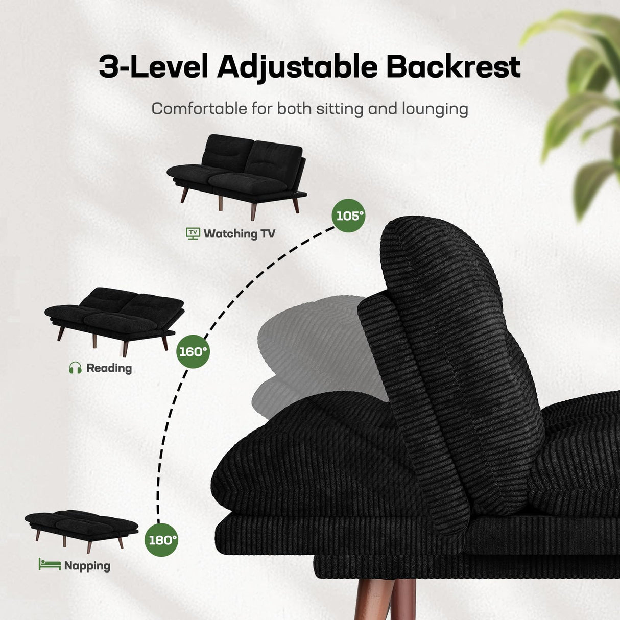 Marsail Futon Sofa Bed, Futon Couch with Adjustable Backrest & Armrests, Convertible Small Sleeper Sofa Bed for Small Apartments, Study Room, Office, Corduroy Loveseat, Black Marsail