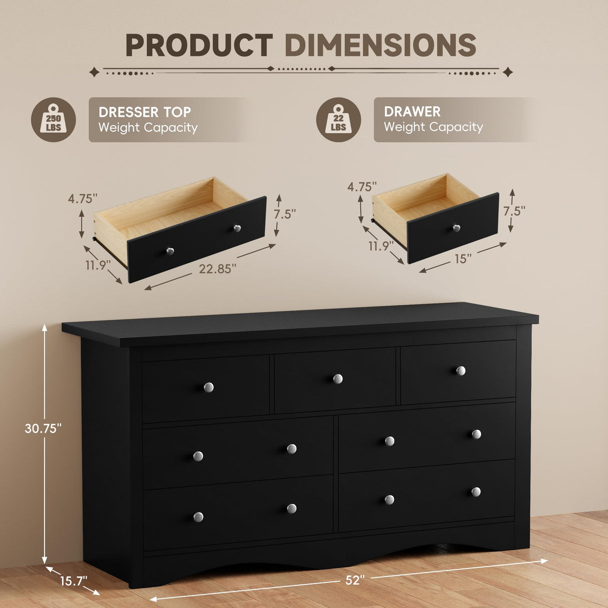 Furmax Dresser for Bedroom, 7 Wood Dresser, Chest of Drawers, for TV up to 65 inch, TV Stand Storage Chest of Drawers for Hallway Entryway (Black) Furmax