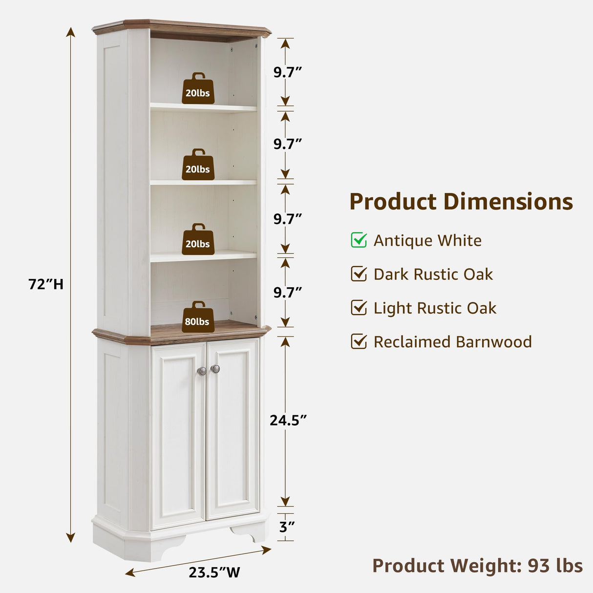 T4TREAM 6-Tier Bookshelf with Storage, 72" Tall Farmhouse Bookcase with Doors and Adjustable Shelves, Wooden Floor Standing Display Book Shelf Organizer for Home Office, Antique White T4TREAM
