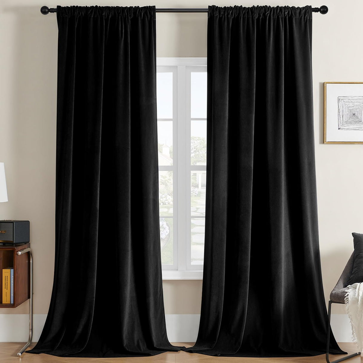 Joydeco Velvet Curtains 108 inches Long 2 Panels, Luxury Blackout Thermal Insulated Super Soft Rod Pocket Window Drapes for Bedroom Living Dining Room, Black, W52 x L108 Joydeco
