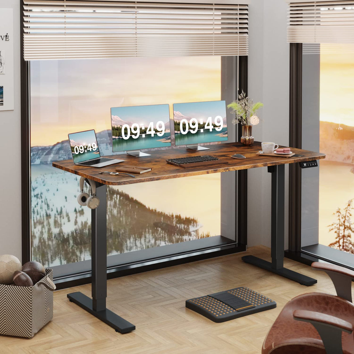 Furmax Electric Height Adjustable Standing Desk Large 55 x 24 Inches Sit Stand up Desk Home Office Computer Desk Memory Preset with T-Shaped Metal Bracke, Brown Furmax