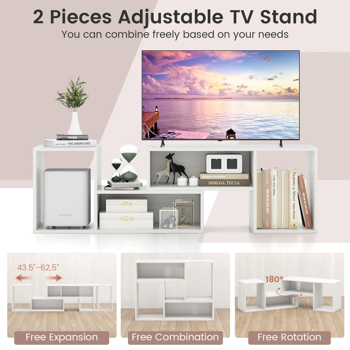 Giantex Bookshelf TV Stand for TVs up to 55", 2 Pieces Free-Combination Entertainment Center with Storage Cubes, Modern Media TV Console Table, Open Storage Bookcase for Living Room, Bedroom (White) Giantex