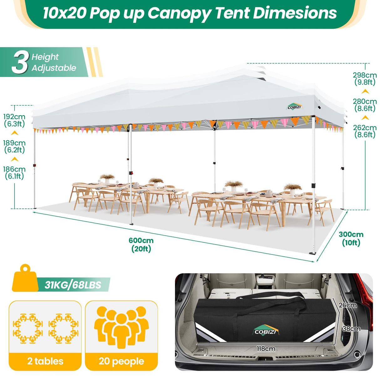 COBIZI Canopy 10x20 Pop Up Canopy Tent with 6 Sidewalls, One Push Party Tents for Parties Outdoor Wedding Waterproof Gazebo Commercial Event Tent with Sandbags, White COBIZI