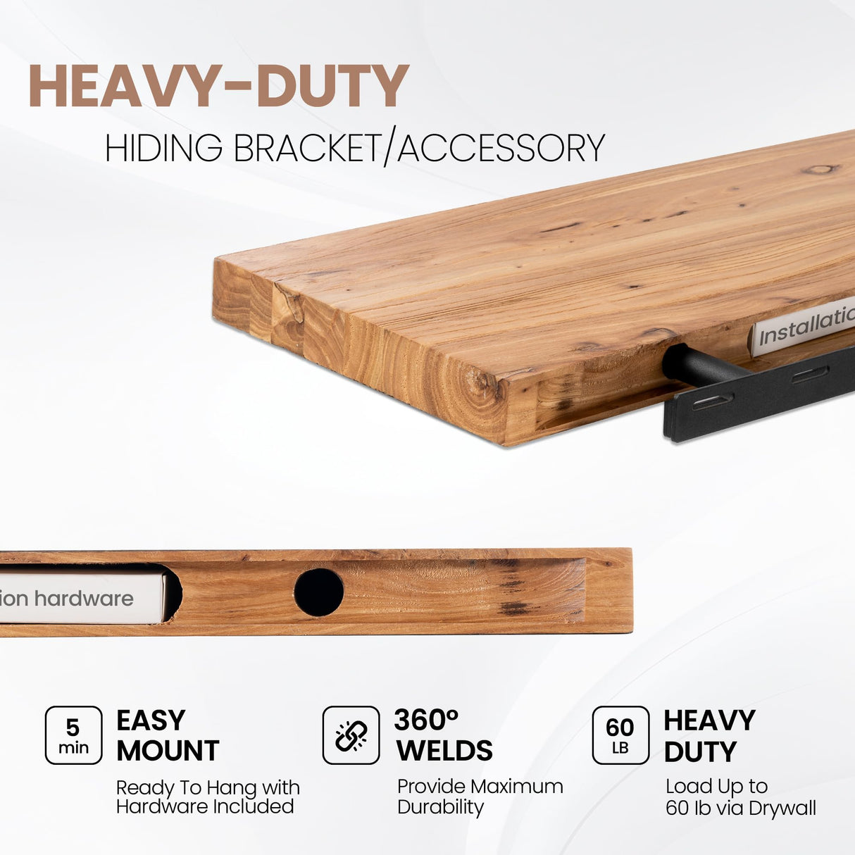 Fun Memories 48 Inch Floating Shelf, 9.3" Deep Solid Elm Fireplace Mantel Shelf, Rustic Wall-Mounted Display Shelves with Invisible Heavy-Duty Metal Bracket, Natural Fun Memories