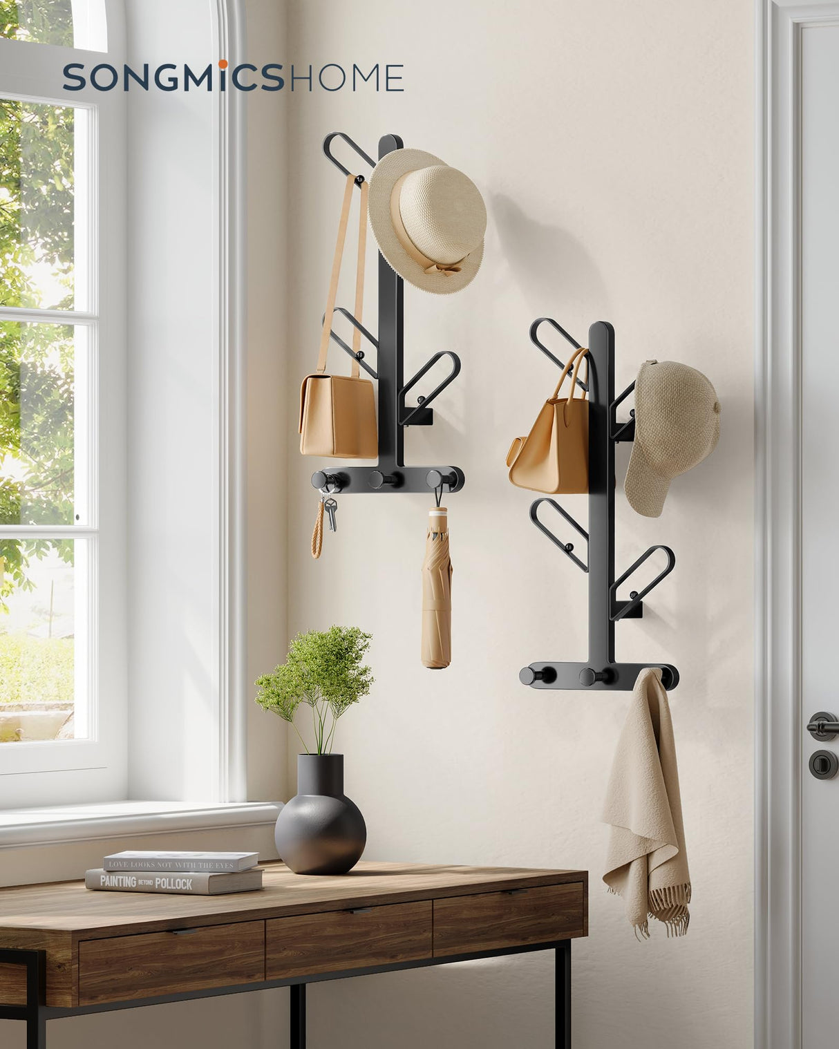SONGMICS HOME Set of 2 Wall-Mounted Coat Racks, Wall Hooks, Branch-Look Racks with 14 Hooks, Ball Tips, for Clothes, Hats, Bags, Ink Black URCR036B01 SONGMICS HOME