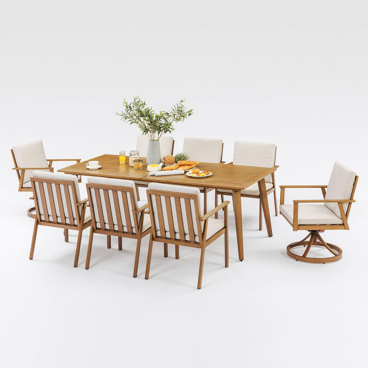 SeeHill 9 Pieces Patio Dining Set for 8, Outdoor Aluminum Dining Furniture Set with Umbrella Hole, Outdoor Patio Table Sets with 2 Swivel Chairs, 4 Dining Chairs and Table for Deck Yard Poolside, Teak SEEHILL