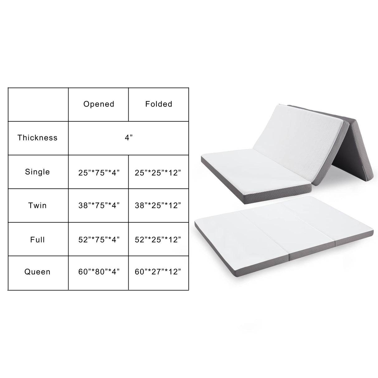 Kingfun Memory Foam Folding Mattress, 4 Inch Gel-Infused Foldable Floor Mattress, Breathable Tri-fold Mattress Topper with Cover, Soft Folding Foldable Portable Floor Guest Bed (Single) Kingfun