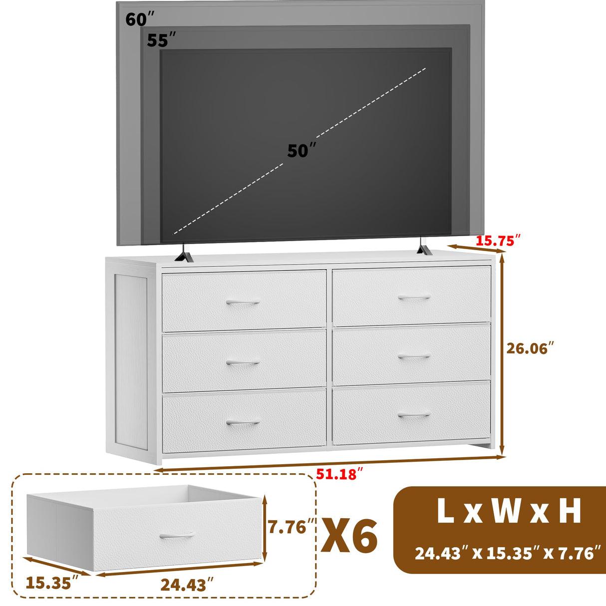 OURPIC Dresser for Bedroom with 6 Drawers, 51 Inch White Dressers TV Stand for 50, 55, 60 Inch TV, Wood Top and Side, Fabric Drawers, Storage, Dresser for Closet, Living Room, Hallway, Entryway OURPIC