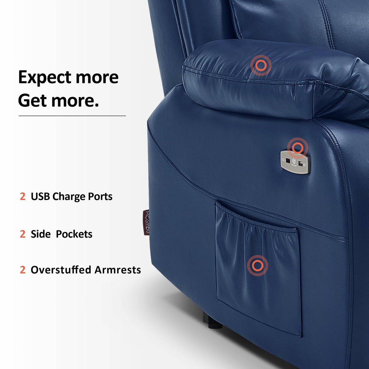 MCombo Small-Regular Power Lift Recliner Chair with Massage and Heat for Petite Elderly People, 3 Positions, 2 Side Pockets, USB Ports, Faux Leather 7408 (Navy Blue, Small-Regular) MCombo