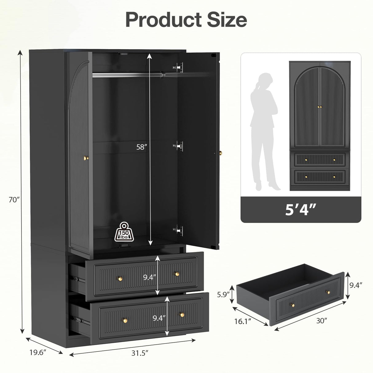 Wardrobe Closet with 2 Door & 2 Drawers, 71" Black Bedroom Wooden Armoire with Hanging Rod, Freestanding Large Capacity Clothing Wardrobe Cabinet w/Gold Handles for Bedroom Buenhomino