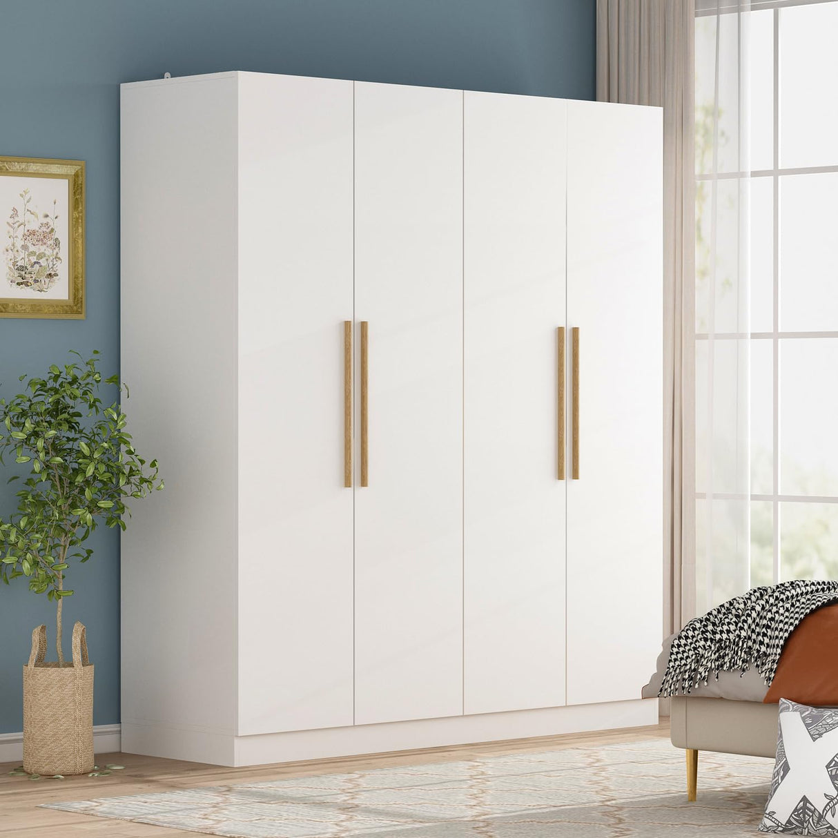 AIEGLE Wardrobe Armoire Closet with 4 Door, Large Freestanding Armoire Wardrobe Cabinet with Shelves & 3 Hanging Rods, Bedroom Wood Clothes Storage Cabinet Organizer, White 63" W AIEGLE
