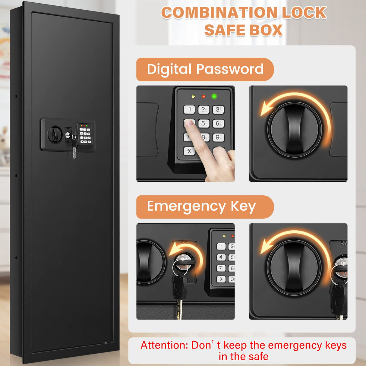 43.3" Tall Fireproof Wall Safes Between the Studs 16" Centers, Electronic Hidden Safe with Removable Shelf, Fireproof in Wall Safe for Money Jewelry Passport GUVELI