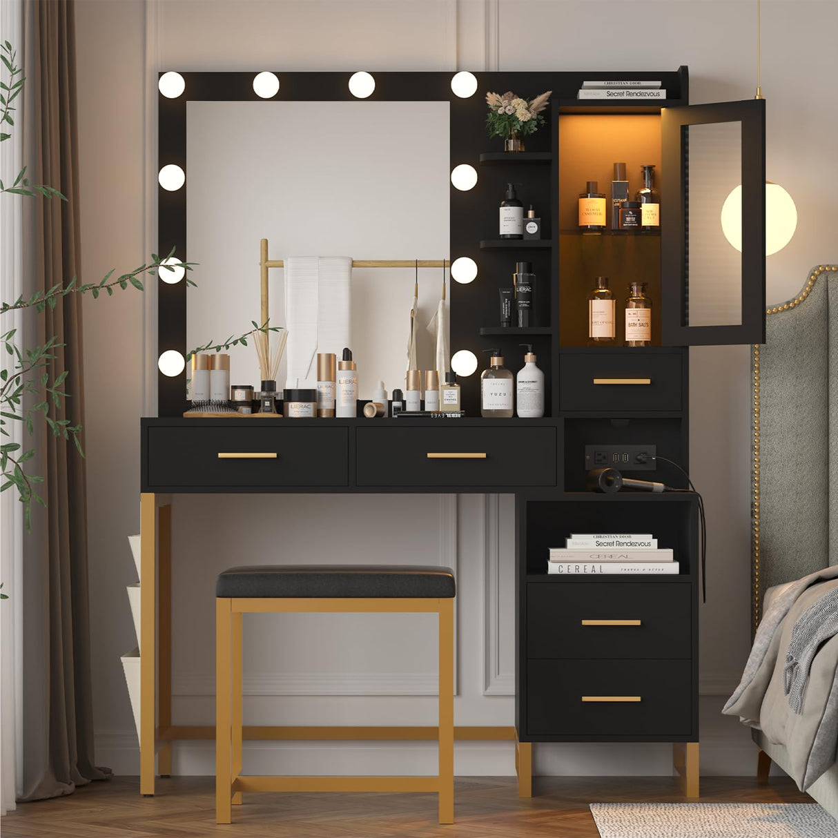 Makeup Vanity Table Set with LED Lights & Charing Station, Large Make up Vanity Desk with Mirror and Lights, Dressing Vanity Table with Nightstand & Soft Stool, Black Vanity with Drawers & RGB Cabinet CSZZD