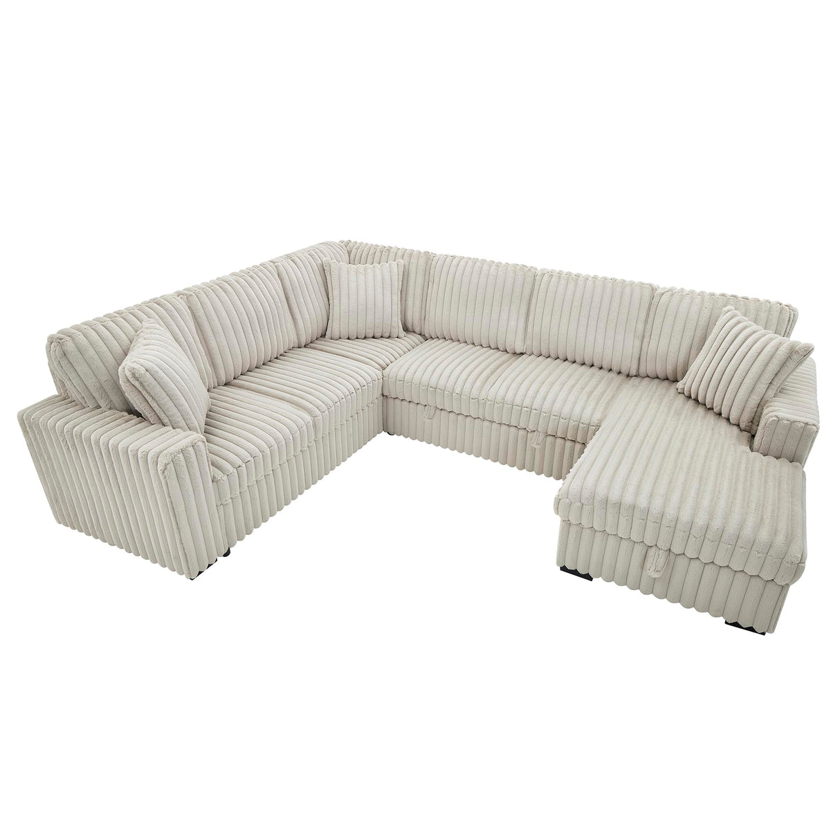 122'' Convertible U-Shaped Faux Rabbit Fur Plush Sectional Sleeper Sofa, Upholstered Cloud Couch Pull-Out Sofa Bed with Storage Chaise and USB Ports for Living Room (Khaki, 122'' x 95.6'') Familymill