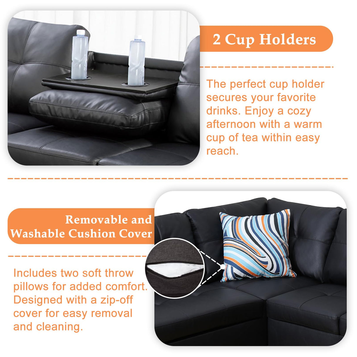 Wakefit Sectional Sofa Couch, Modern 4-Seaters Living Room Furniture Sets with Chaise Lounge, Ottoman & 2 Pillows | L Shape Couch | Cup Holder | Faux PU Leather, Black Wakefit