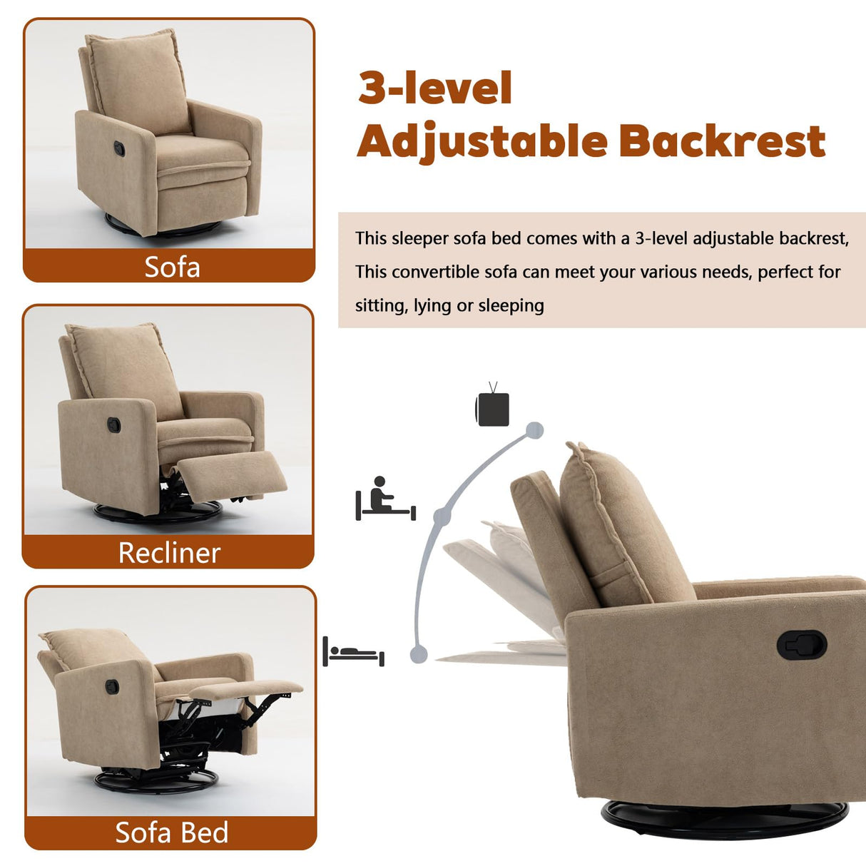 Rocker Recliner Chair for Adults, Swivel Rocker Recliner Chairs with Armrests, Glider Recliner Nursery Chair with Black Metal Base, Small Recliners for Small Spaces, Living Room (Camel) Anwick