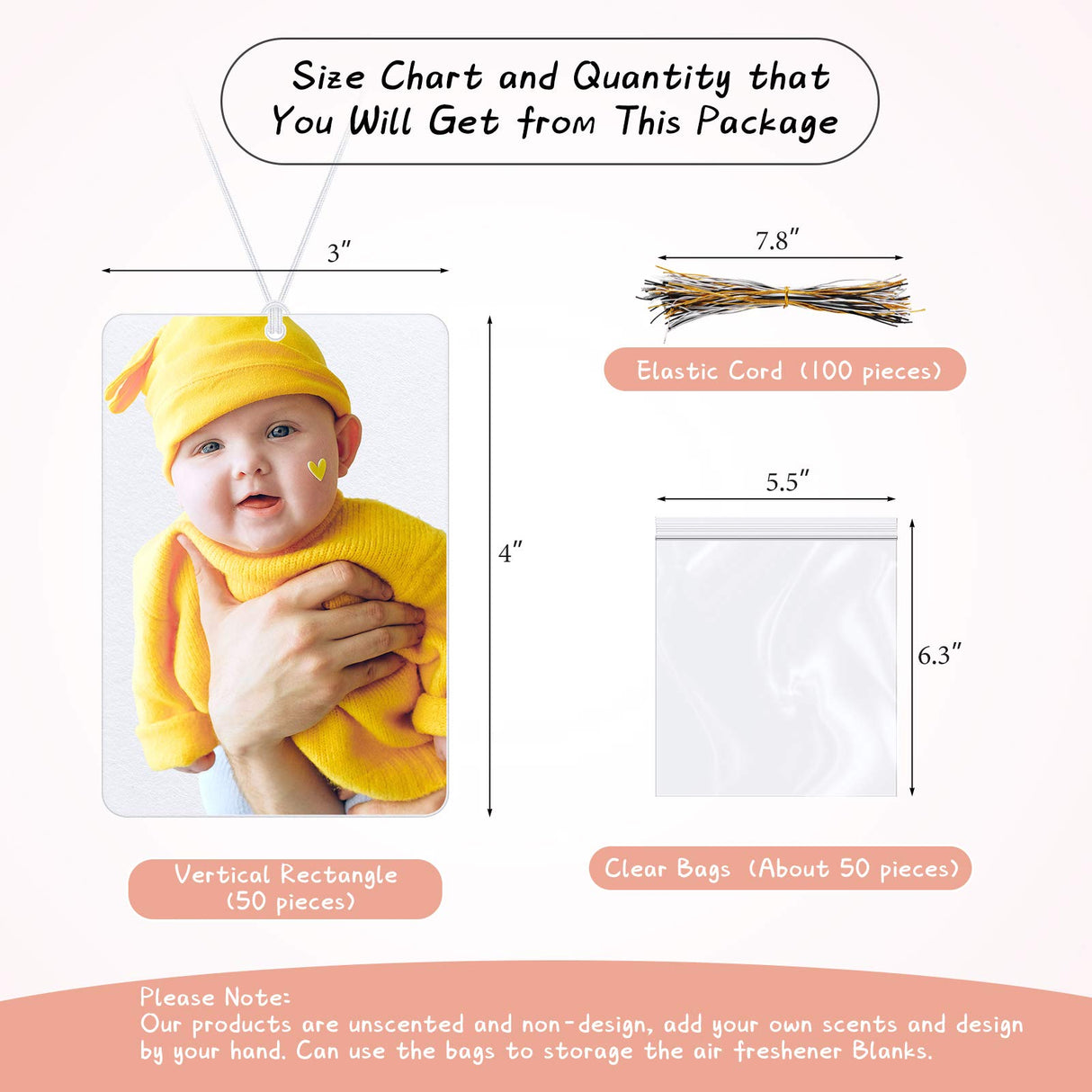 50 Pieces Sublimation Air Freshener Blanks Rectangle Shape Air Freshener Sheets for Car and Home Polyester Felt Air Freshener with 100 Elastic Drawstrings and 50 Bags for DIY HTV Inks Heat Press Chuangdi