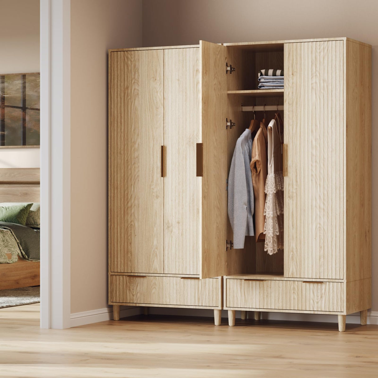 VINGLI Fluted Wardrobe Closet Armoire with Doors And Drawers, Wardrobe Cabinet with Hanging Rack, Bedroom Closet Wood, Oak Free Standing Armoire with Shelf and Solid Wood Legs, 31.5"W*19.7"D*69.3"H VINGLI