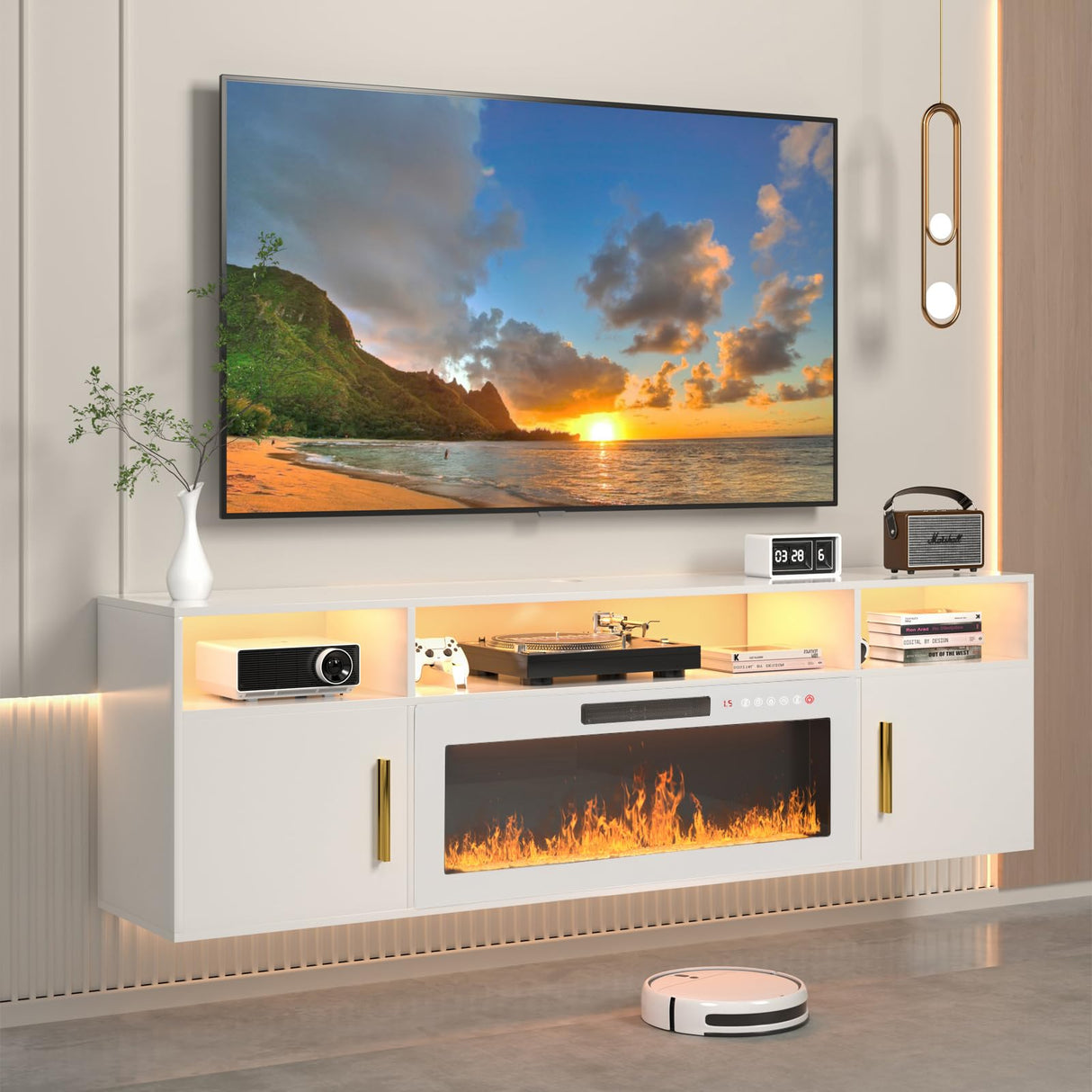 VENDORZ Floating TV Stand with Fireplace, 70" Floating Entertainment Center with White Fireplace, Wall Mounted Electric Fireplace TV Stand for Living Room Media Console with Storage Up to 80" TVs VENDORZ