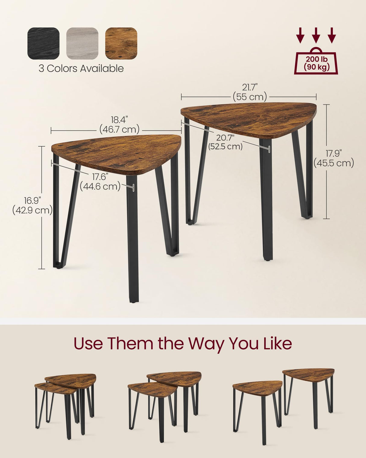 VASAGLE Nesting Coffee Tables, End Tables Set of 2 for Living Room Bedroom, Industrial Small Stacking Side Tables with Metal Frame for Couch, Rustic Brown and Black ULET013B01 VASAGLE