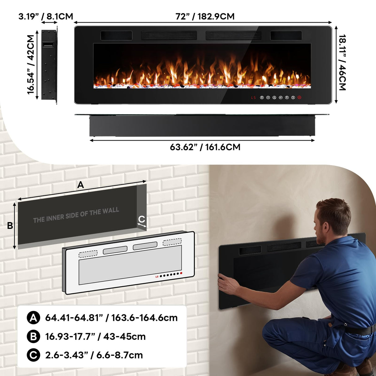 Tornivk 72 Inch Electric Fireplace Inserts Ultra-Thin Freestanding 750/1500W Electric Fireplace Heater Wall Mounted or Recessed Fireplace Electric with Adjustable Multicolor Flame,Timer Tornivk
