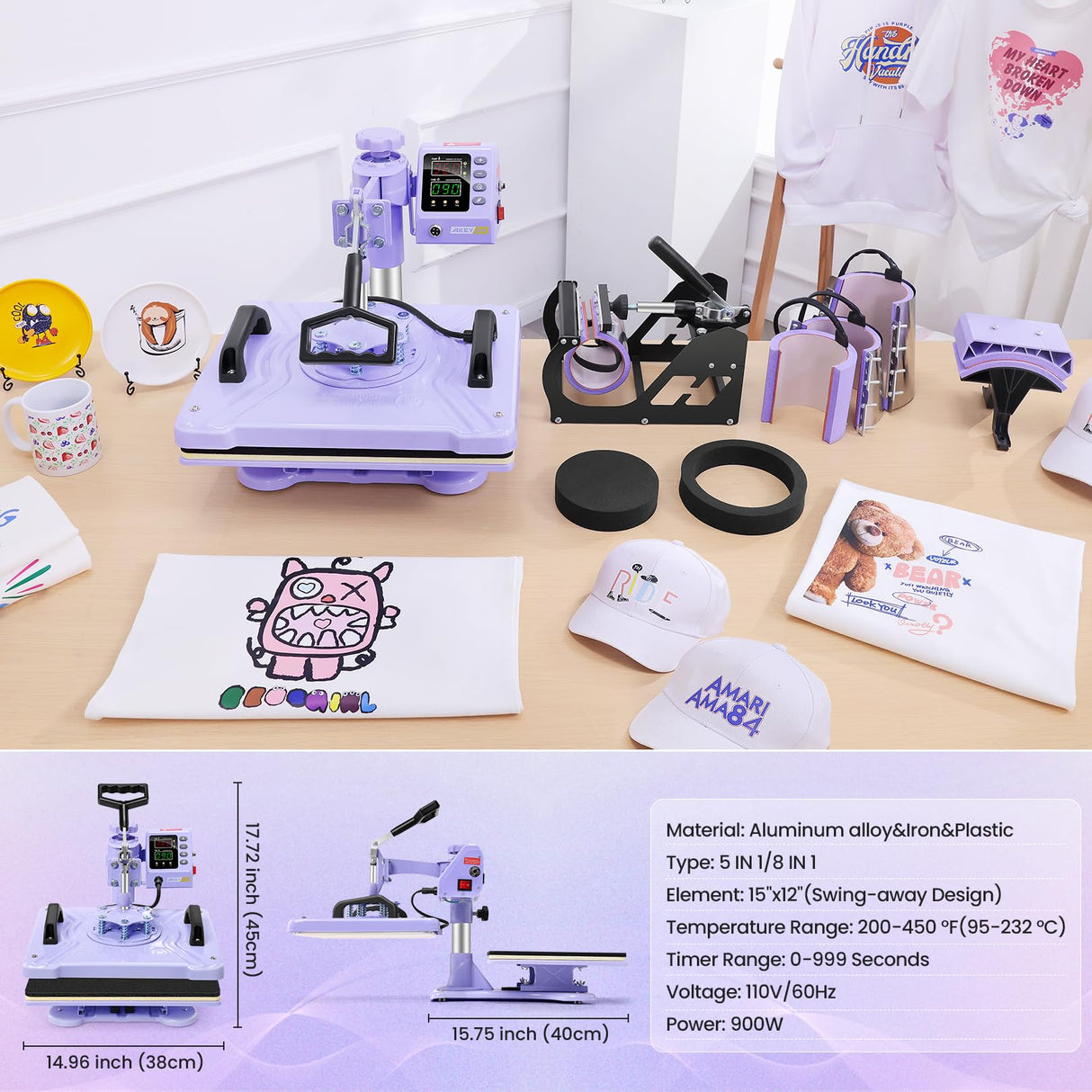 AKEYDIY Upgraded 5 in 1 Heat Press Machine for Tshirts 12X15 Inch, 360° Swing Away Shirt Press Machine for Sublimation, Multifunctional Heat Transfer Machine Combo for Shirts (Purple-5 in 1) AKEYDIY
