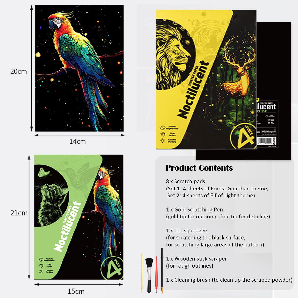 Scratchboard Art for Adult Luminous Scratch Painting Kits, A5 Scratch Art Rainbow Painting Paper 8 Sheet with 4 Tools, Scratchboard for Teens & Adults, Fun Creative Craft Toy/Gifts/Decor, Animals BulChign