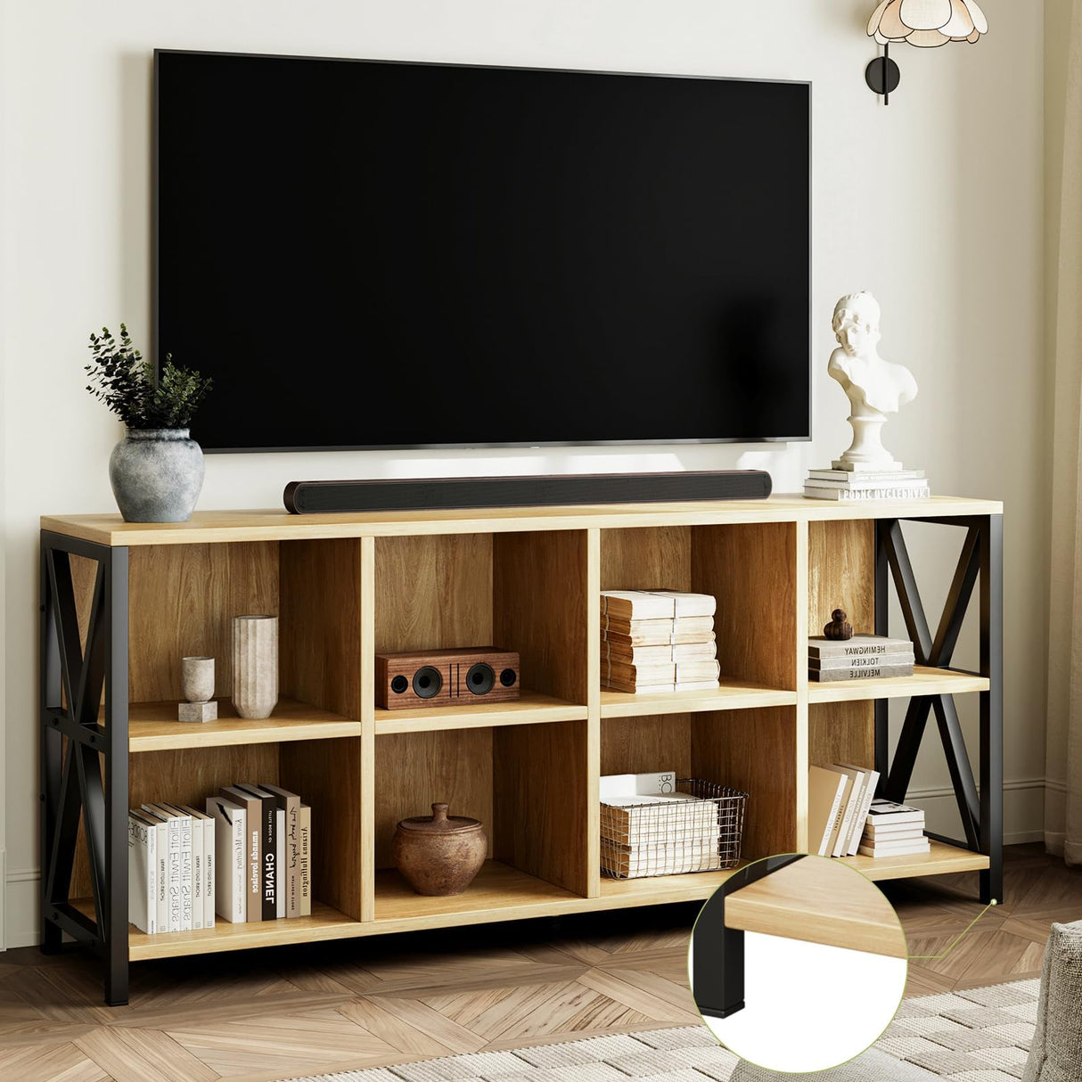 CABZOON 63" 8 Cube Horizontal Bookshelf Long Bookshelf Wood Cube Storage Organizer Wood Cubby Bookcase for Living Room Maple CABZOON