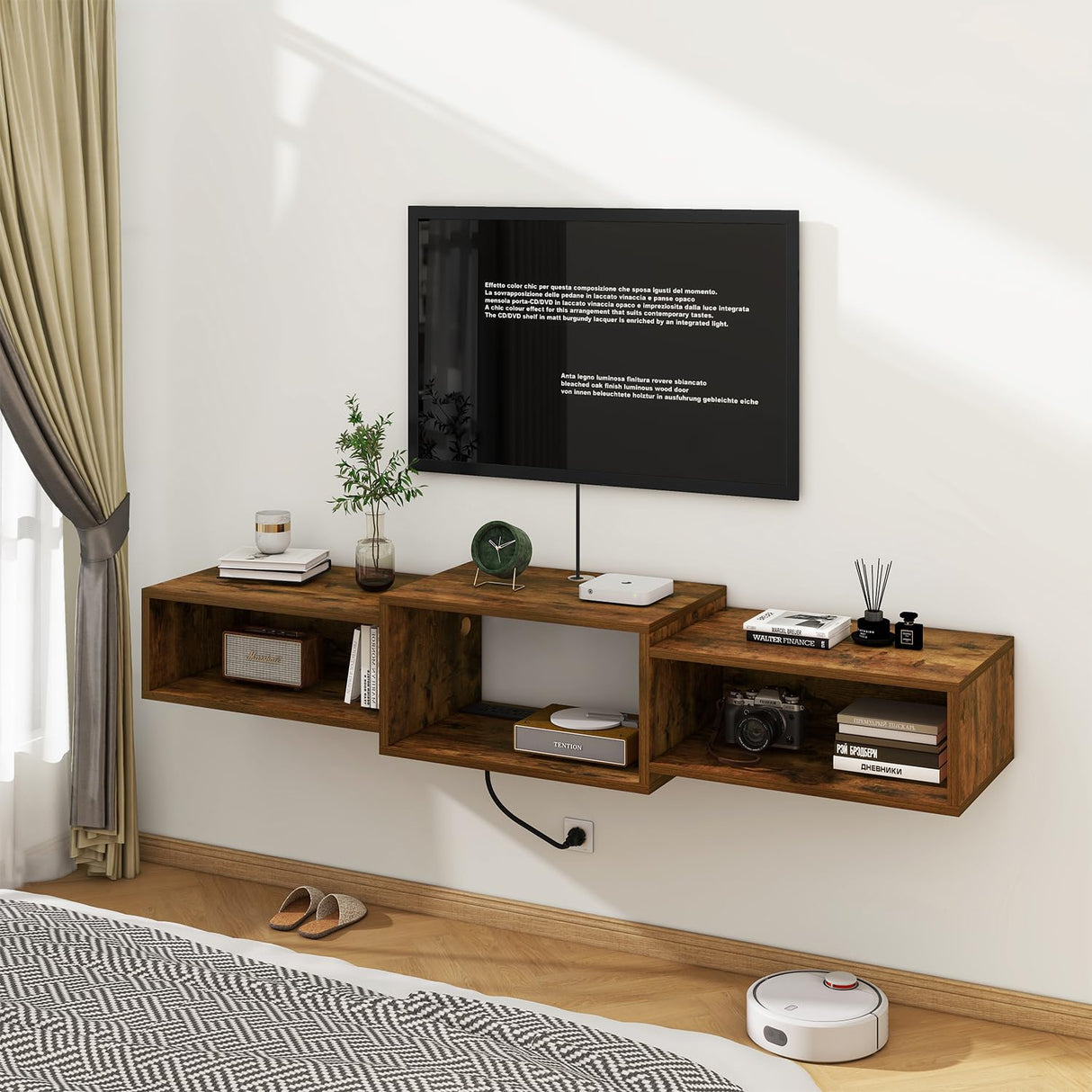 IBUYKE Floating TV Stand Wall Mounted with Power Outlet,Wood Wall Mounted Media Console Shelf,Floating Entertainment Center for Under TV Storage for Living Room Bedroom Office,Rustic Brown WST001H IBUYKE