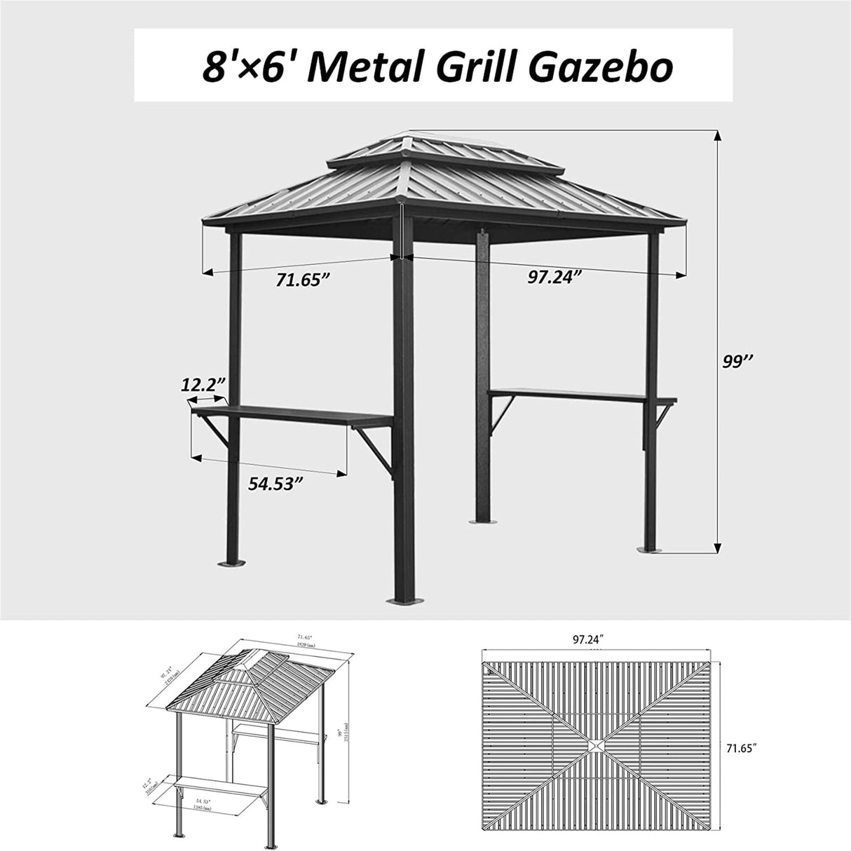 NicBex Grill Gazebo 8' × 6', Aluminum BBQ Gazebo Outdoor Metal Frame with Shelves Serving Tables, Permanent Double Roof Hardtop Gazebos for Patio Lawn Deck Backyard and Garden, Grey NicBex