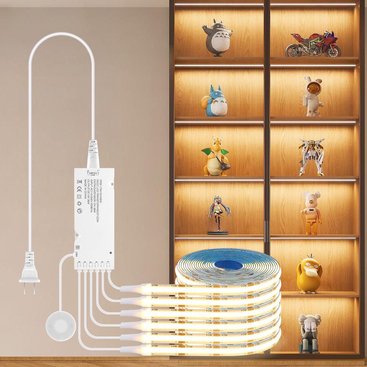 AIMENGTE Cabinet Light 12V COB LED Strip Lights, 6-in-1 Penetrable Touch Dimming, Suitable for Wine Cabinets, Shoe Racks, Display Cabinets, Wardrobes, Kitchen Cabinets, and Showcase Lighting AIMENGTE