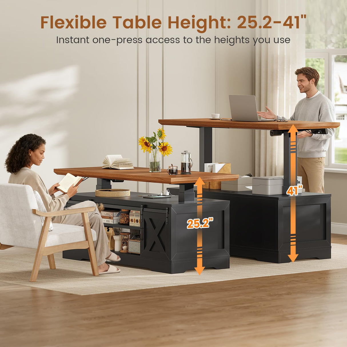 SEDETA Lift Top Coffee Table, Rectangle Coffee Table with Storage and Barn Door, Smart Height Adjustable Coffee Table with Power Outlet for Living Room, Black SEDETA