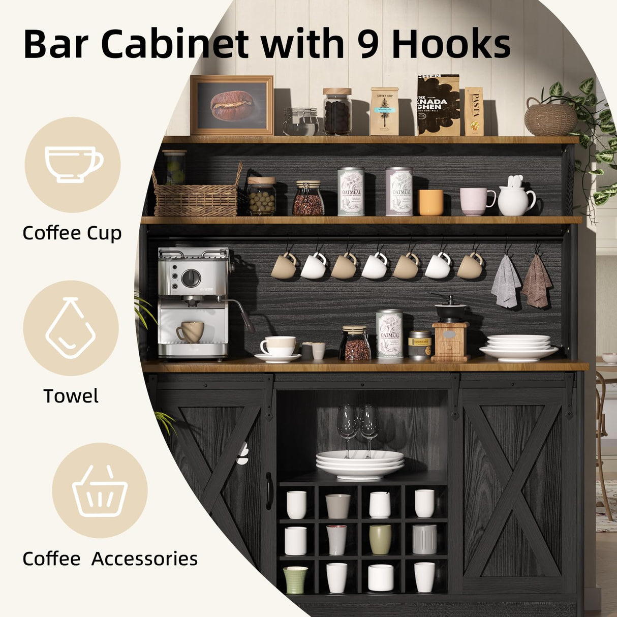 BestHaped 55'' Farmhouse Coffee Bar Cabinet with 3 Tier Storage Hutch, Coffee Bar Station with Sliding Barn Door, Hutch Storage Cabinet with 12 Wine Racks & 9 Hooks for Kitchen Dining Living Room BestHaped