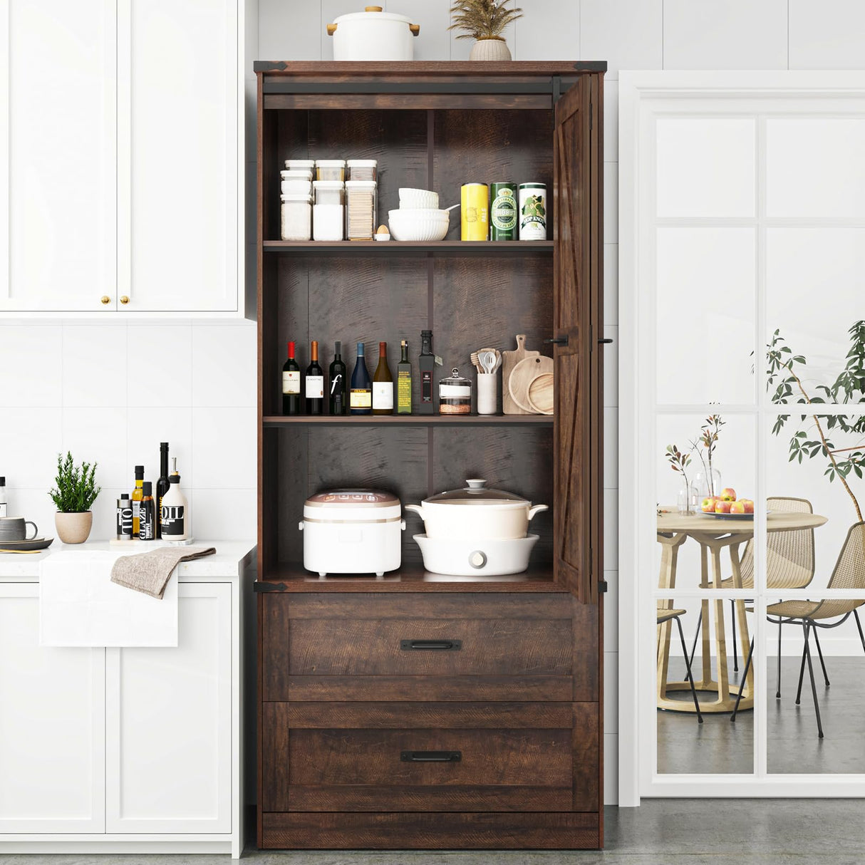 Hlivelood 72" Tall Storage Cabinet with Barn Doors & 2 Drawer, Pantry Cabinet with Adjustable Shelves, Rustic Wood Cupboard for Kitchen, Dining Room, Living Room, Brown Hlivelood