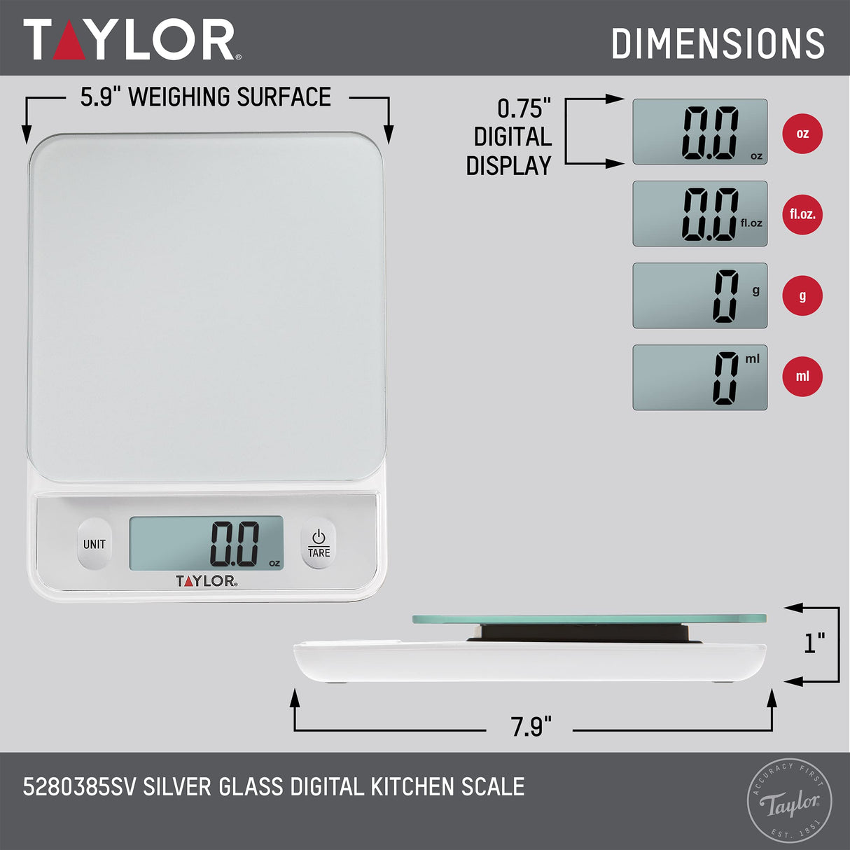 Taylor Glass Top Food Scale with Touch Controls, 11 lb Capacity, Sleek Silver Design, Accurate and Easy-to-Use Scale for Cooking and Baking Taylor