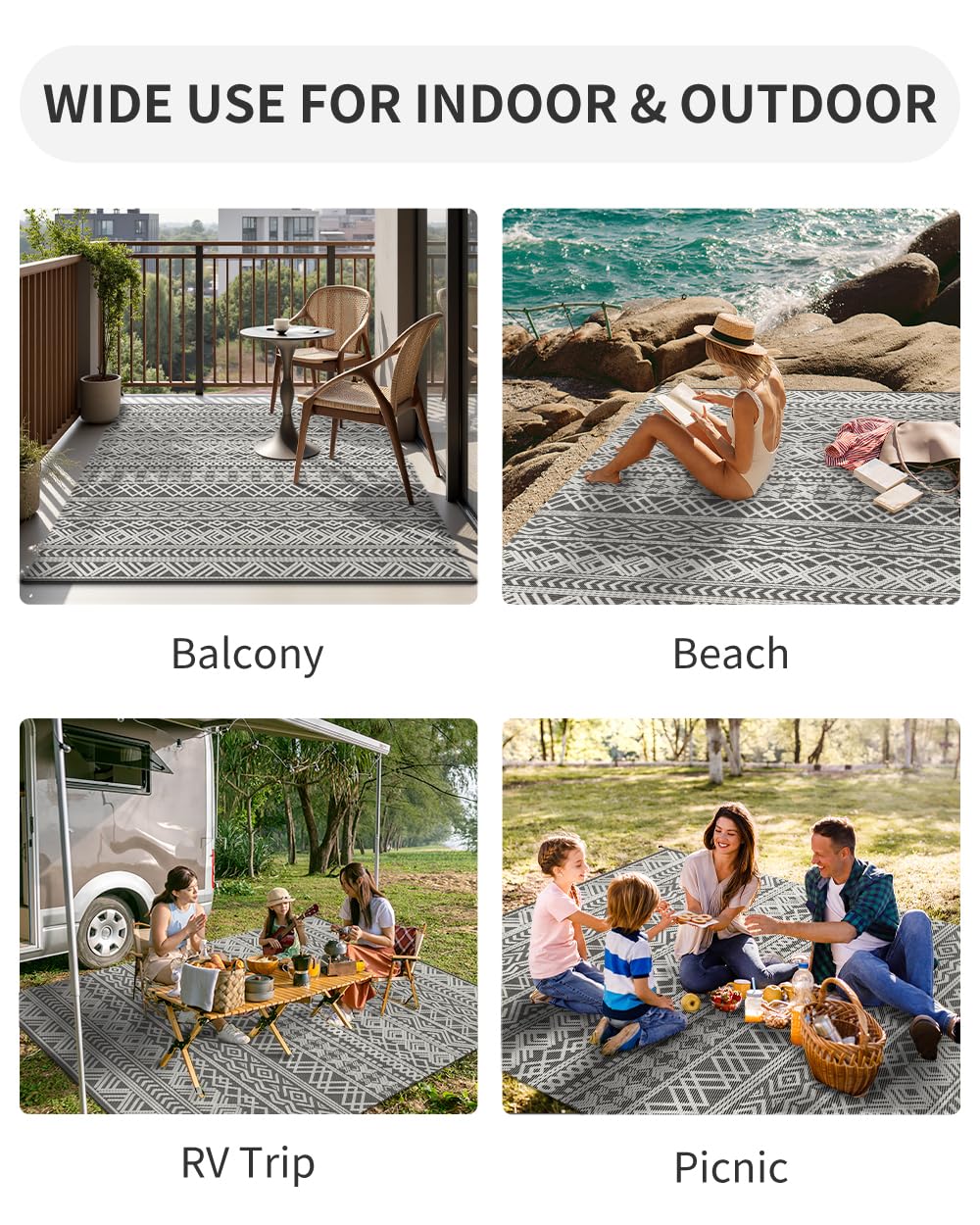 MontVoo Outdoor Rug Carpet Waterproof 5x8 Outdoor Patio Rug Mat Reverisble Plastic Straw Outdoor Rug for RV Camping Picnic Beach Balcony Boho Grey MontVoo