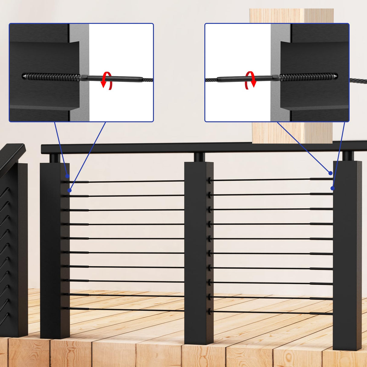 BLIKA 40 Pack T316 Stainless Steel Black Right&Left Handed Thread Swage Lag Screws for Wood Posts of 1/8" Deck Cable Railing Kit, Wire Railing Kit for Decks with Wrench, DIY Wood Baluster BLIKA