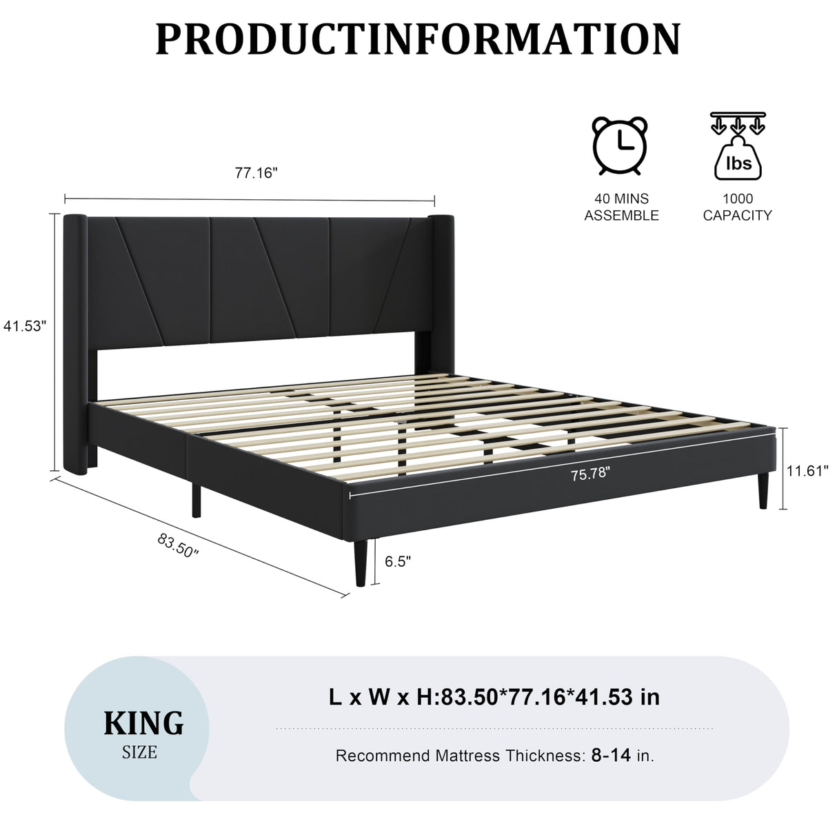 OLALITA King Size Upholstered Platform Bed, King Frame with Tufted Headboard, Sturdy Frame Wooden Slats, No Spring Mattress Required, Noiseless, Easy to Assemble, Black OLALITA
